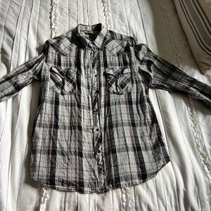 Salt Valley Western Shirt Mens Size M Long Sleeve Pearl Snap Button Plaid Gray